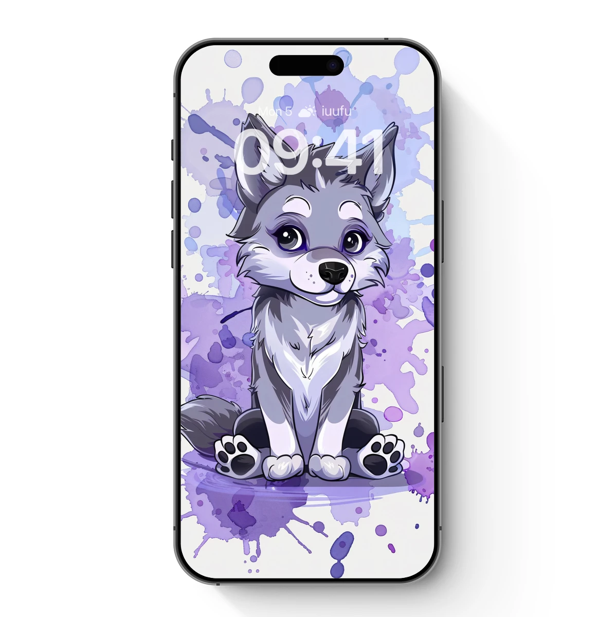 Adorable Cartoon Wolf with Purple Splash Art