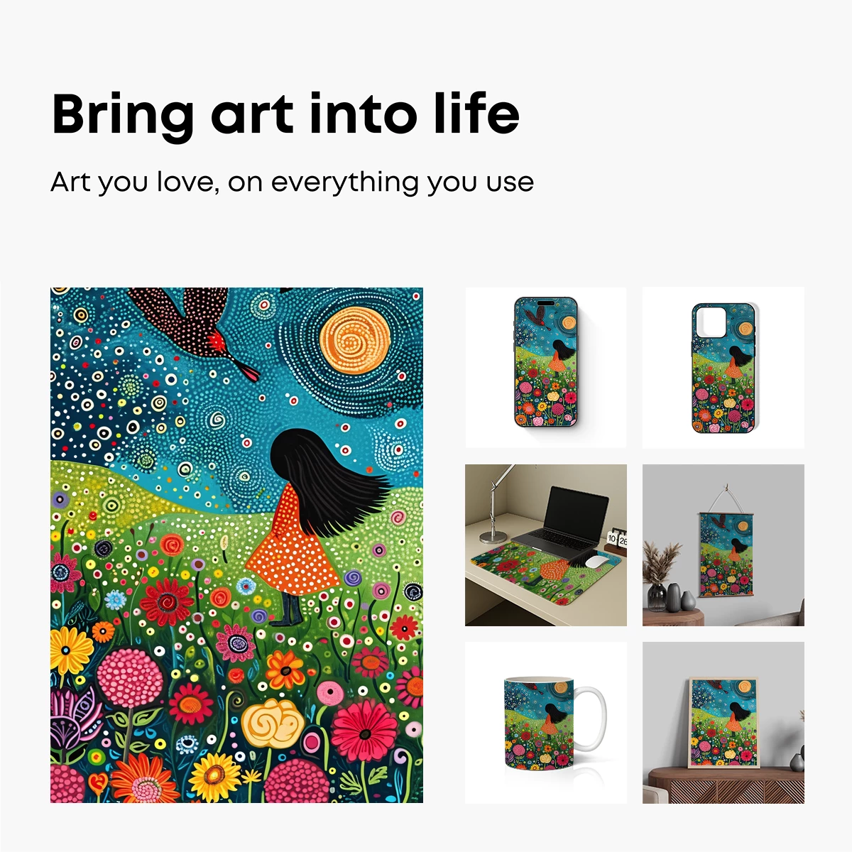 Dreamy Floral Odyssey: Girl and Bird in a Vibrant Garden - Image 2