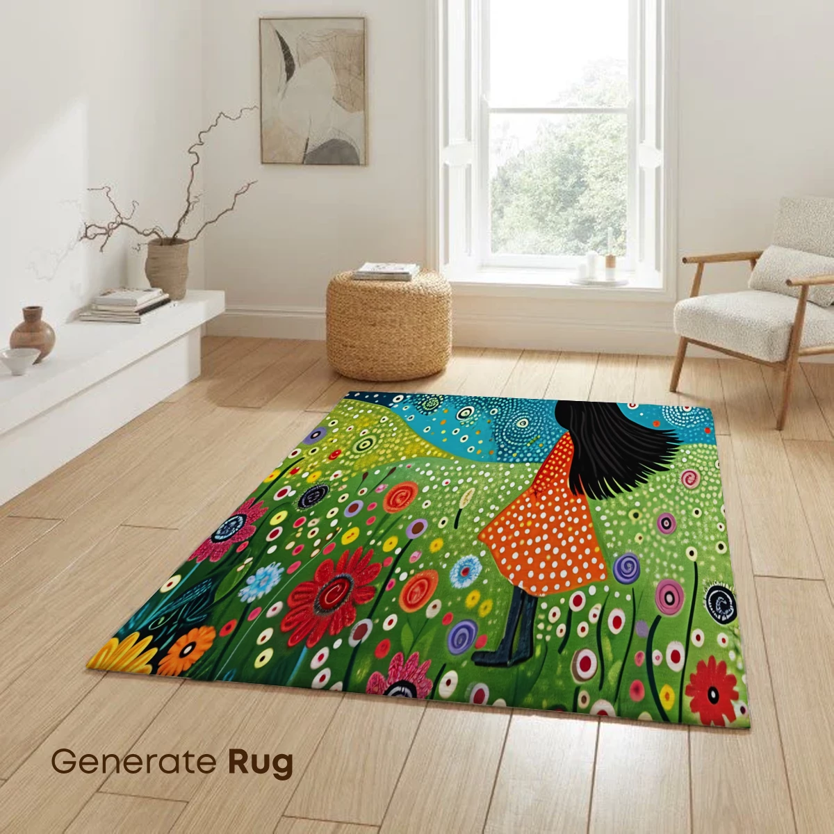Dreamy Floral Odyssey: Girl and Bird in a Vibrant Garden - Image 6