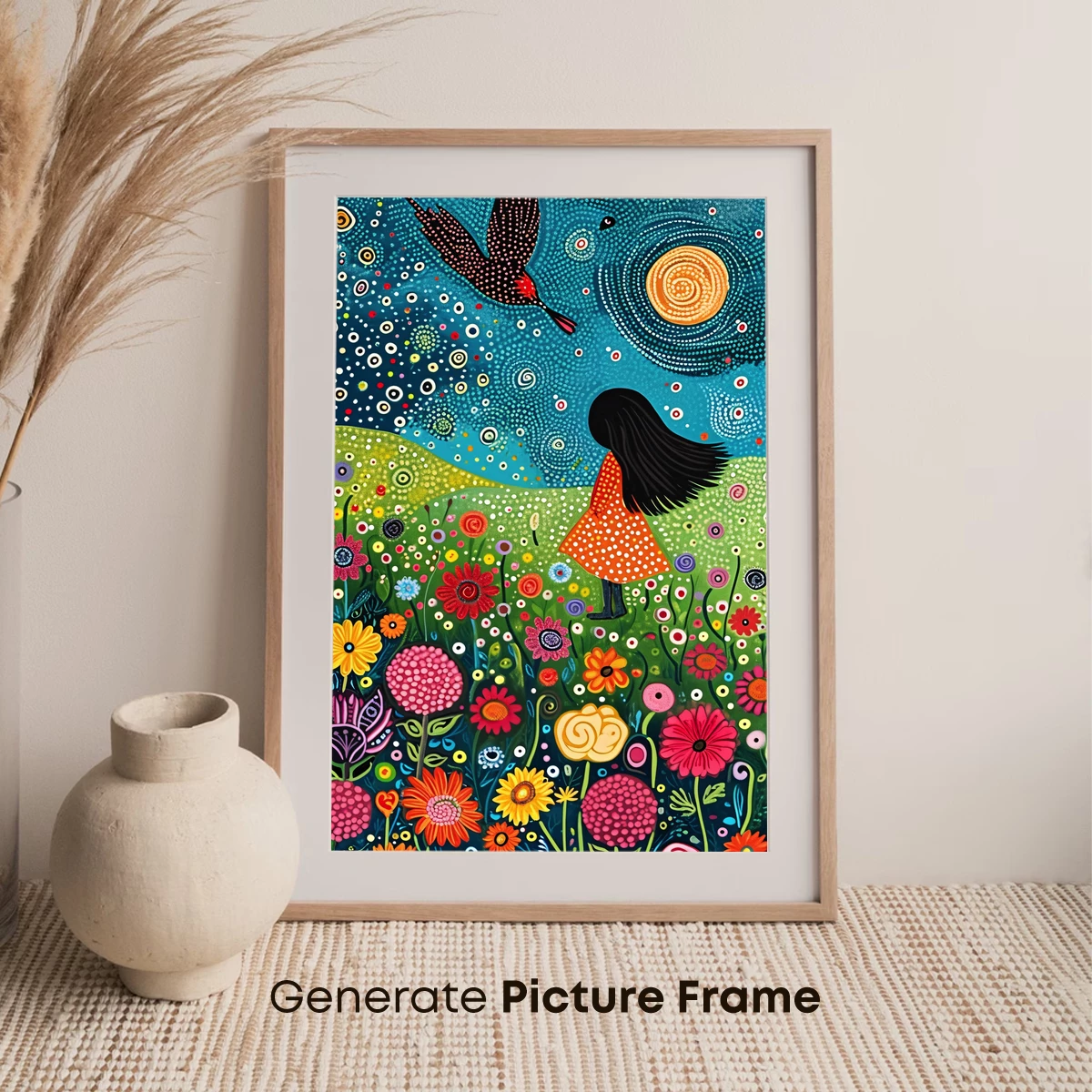 Dreamy Floral Odyssey: Girl and Bird in a Vibrant Garden - Image 7