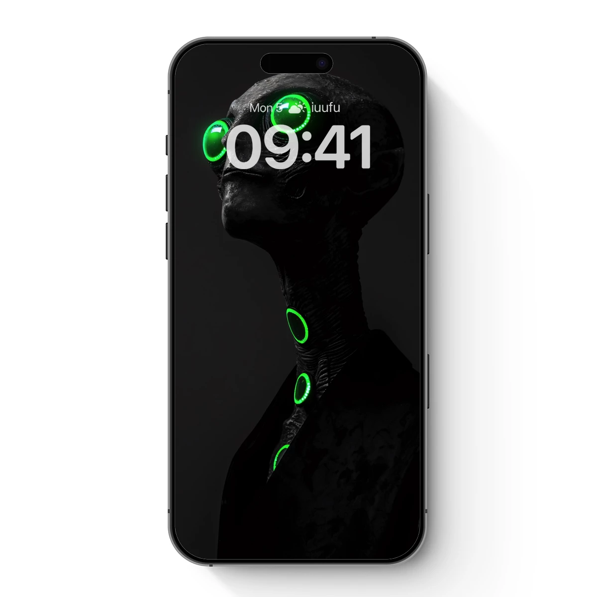 Cybernetic Alien Vision: Neon Green Eyes in Darkness