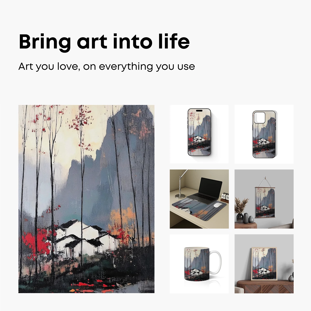 Autumnal Village Serenity: Ink and Color Fusion - Image 2