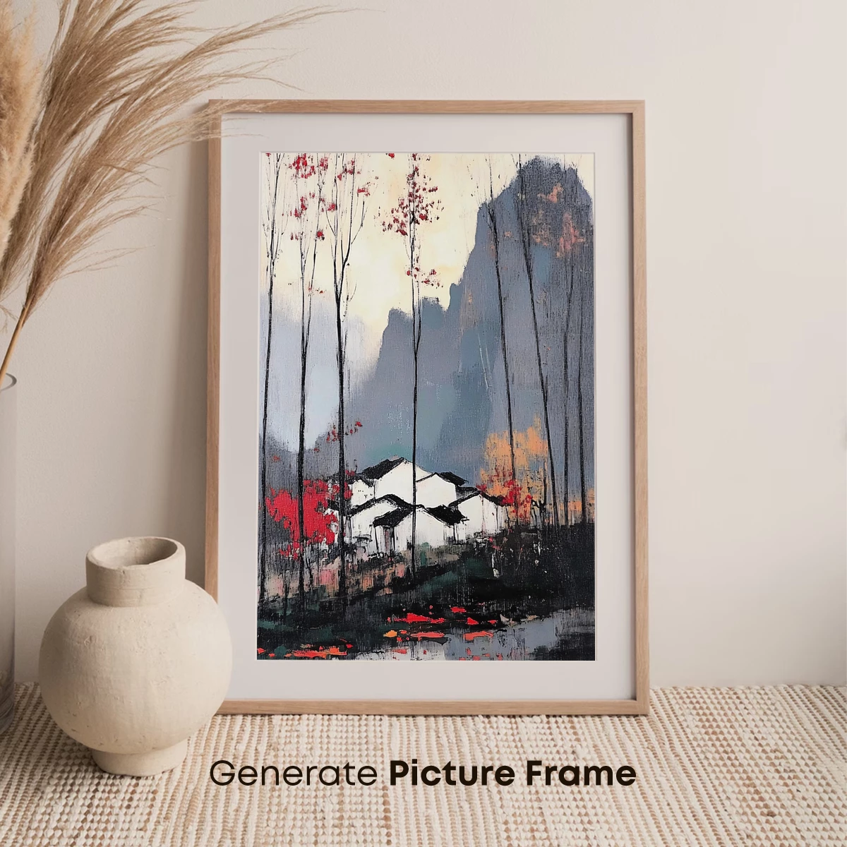 Autumnal Village Serenity: Ink and Color Fusion - Image 7