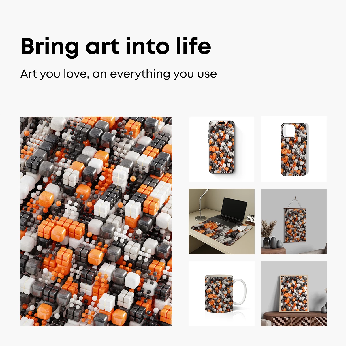 Cubist Mosaic Symphony: Orange, White, and Gray Harmony - Image 2