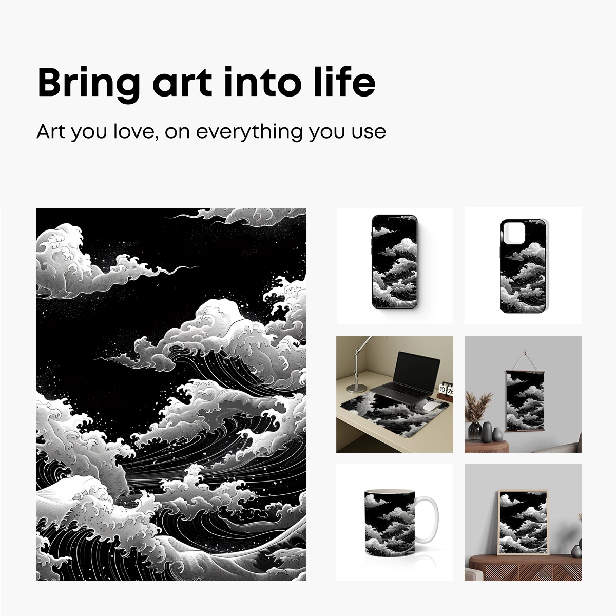 Monochrome Ocean Symphony: Hokusai-Inspired Waves - Image 2