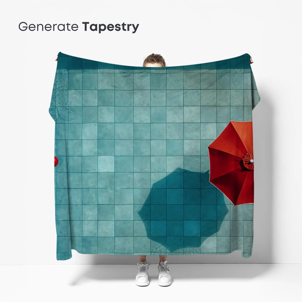 Crimson Umbrella Over Azure Tiles - Image 5