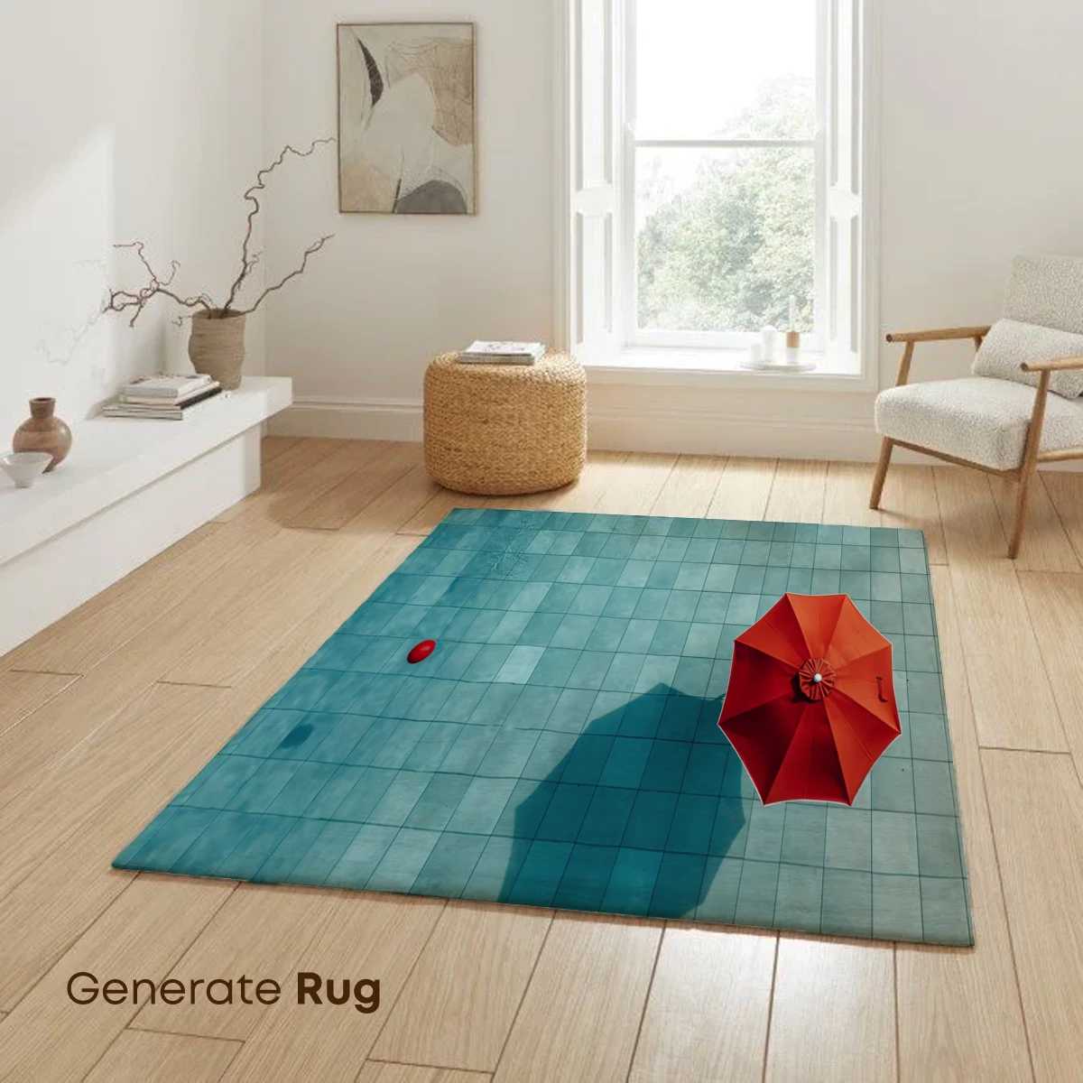 Crimson Umbrella Over Azure Tiles - Image 6