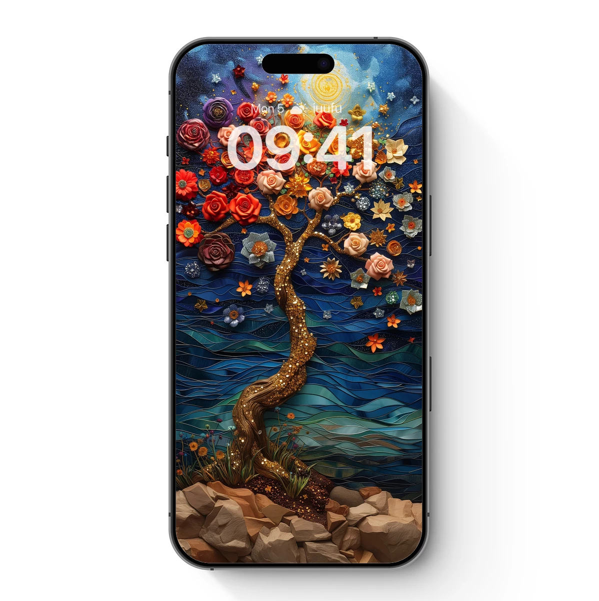 Floral Tree of Life: Vibrant Blossoms Against a Cosmic Sky