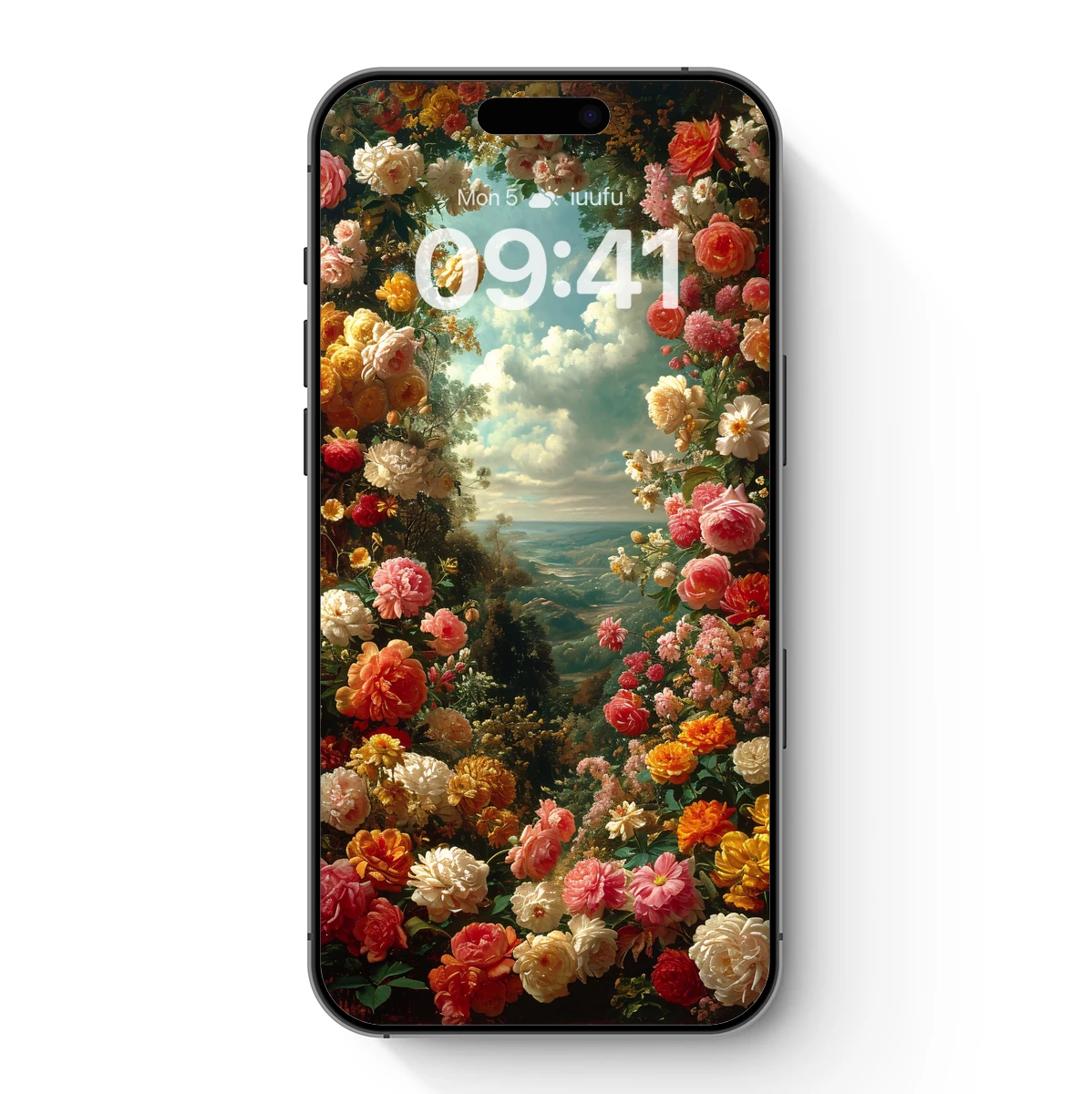 Floral Archway to Serenity: A Painterly Landscape Framed by Blooms