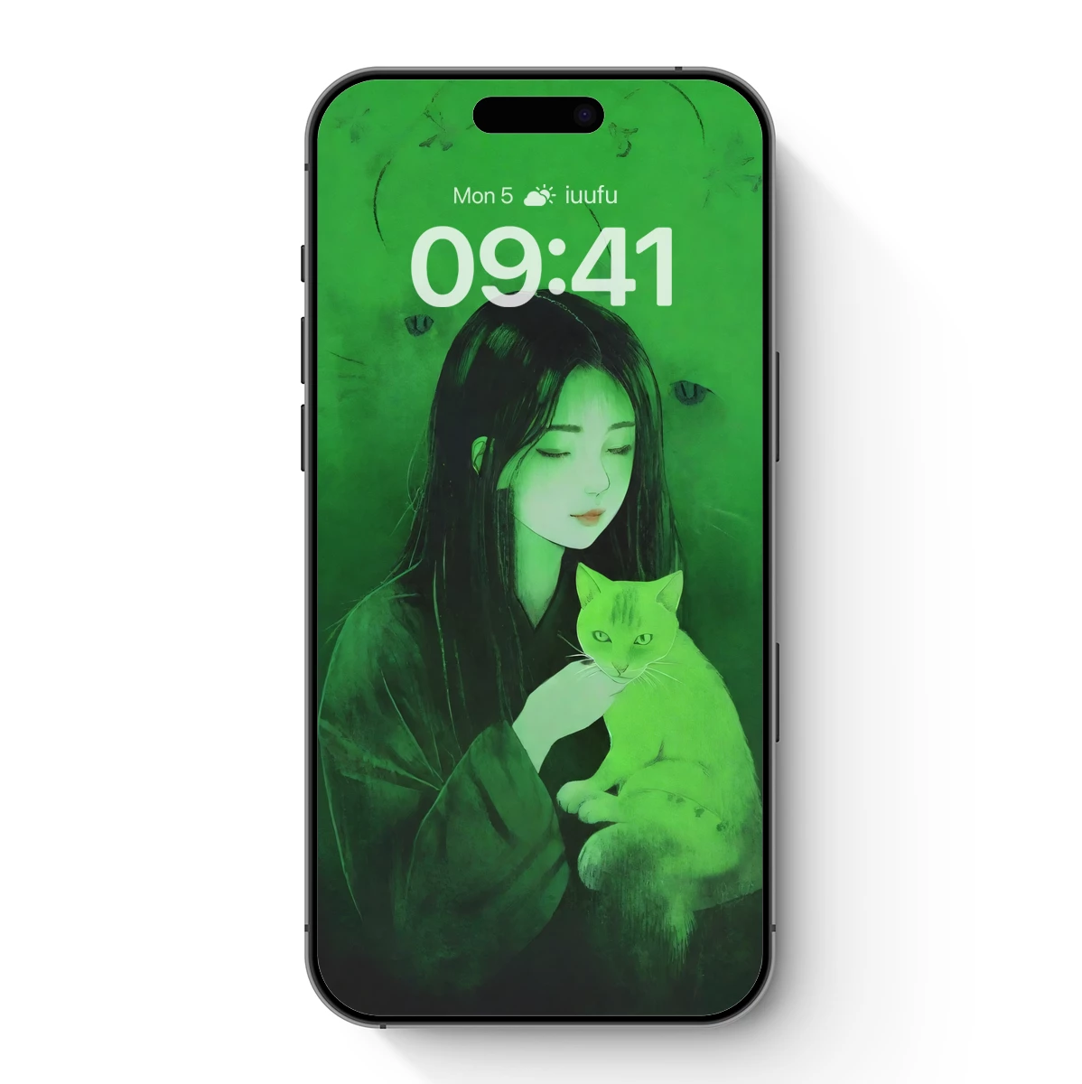 Ethereal Embrace: Green-Hued Serenity with Feline Companion