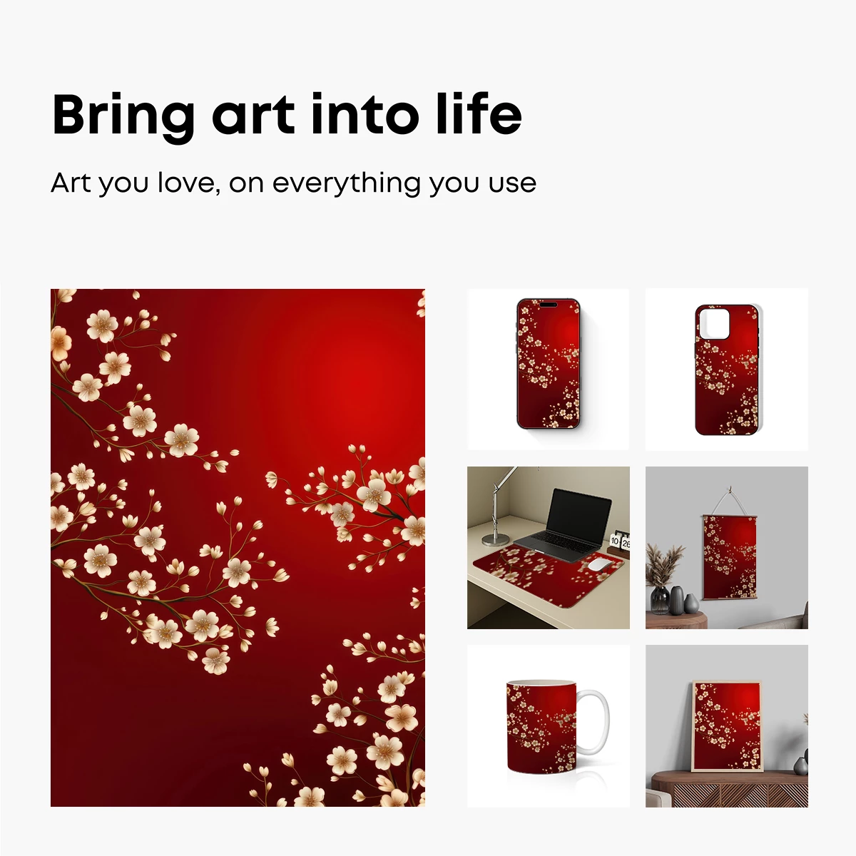 Elegant Cherry Blossoms on Crimson Canvas - Image 2