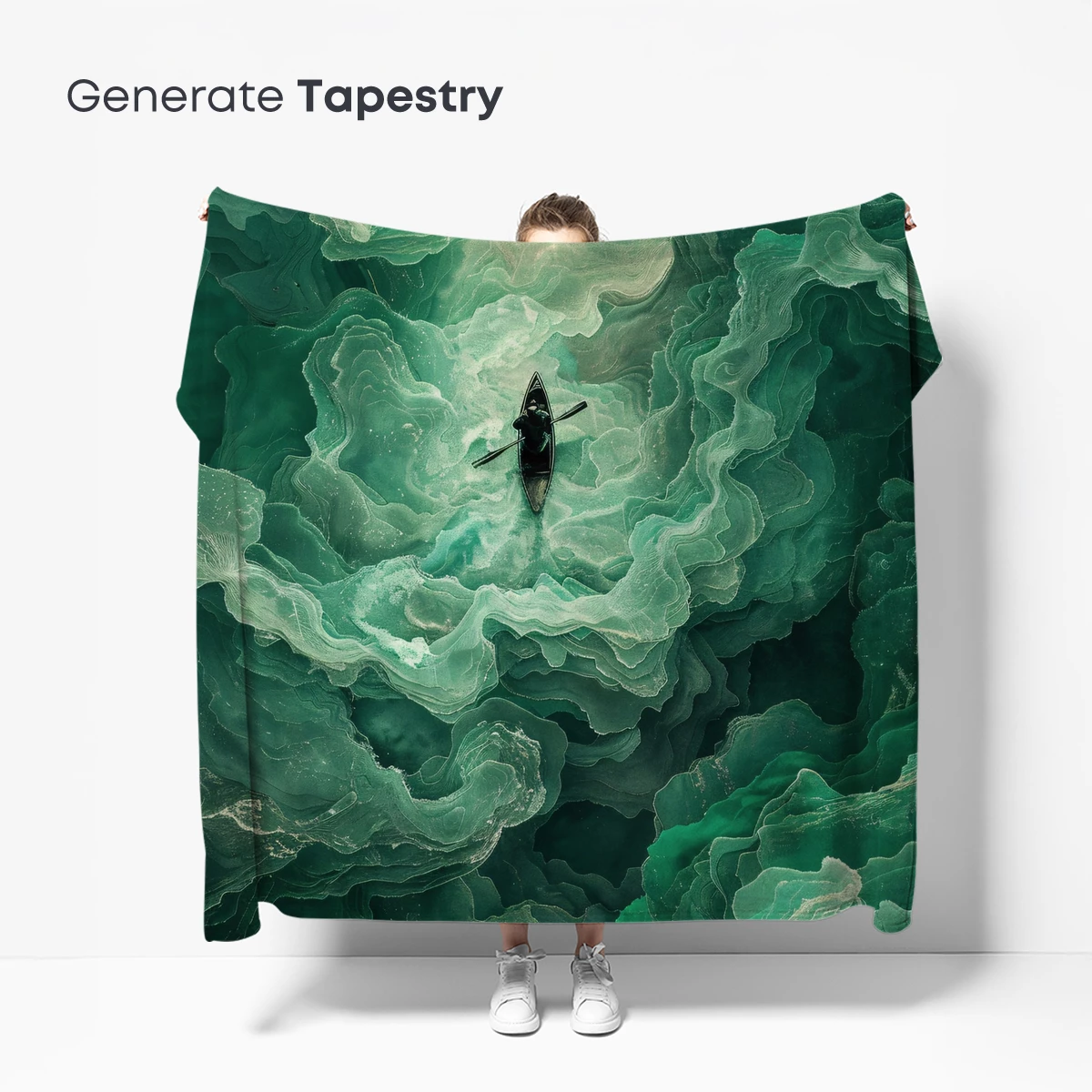 Ethereal Emerald Odyssey: Solitary Rowboat in Clouds - Image 5