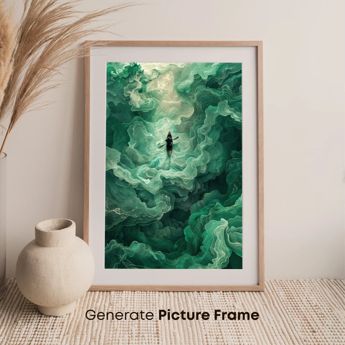 Ethereal Emerald Odyssey: Solitary Rowboat in Clouds - Image 7