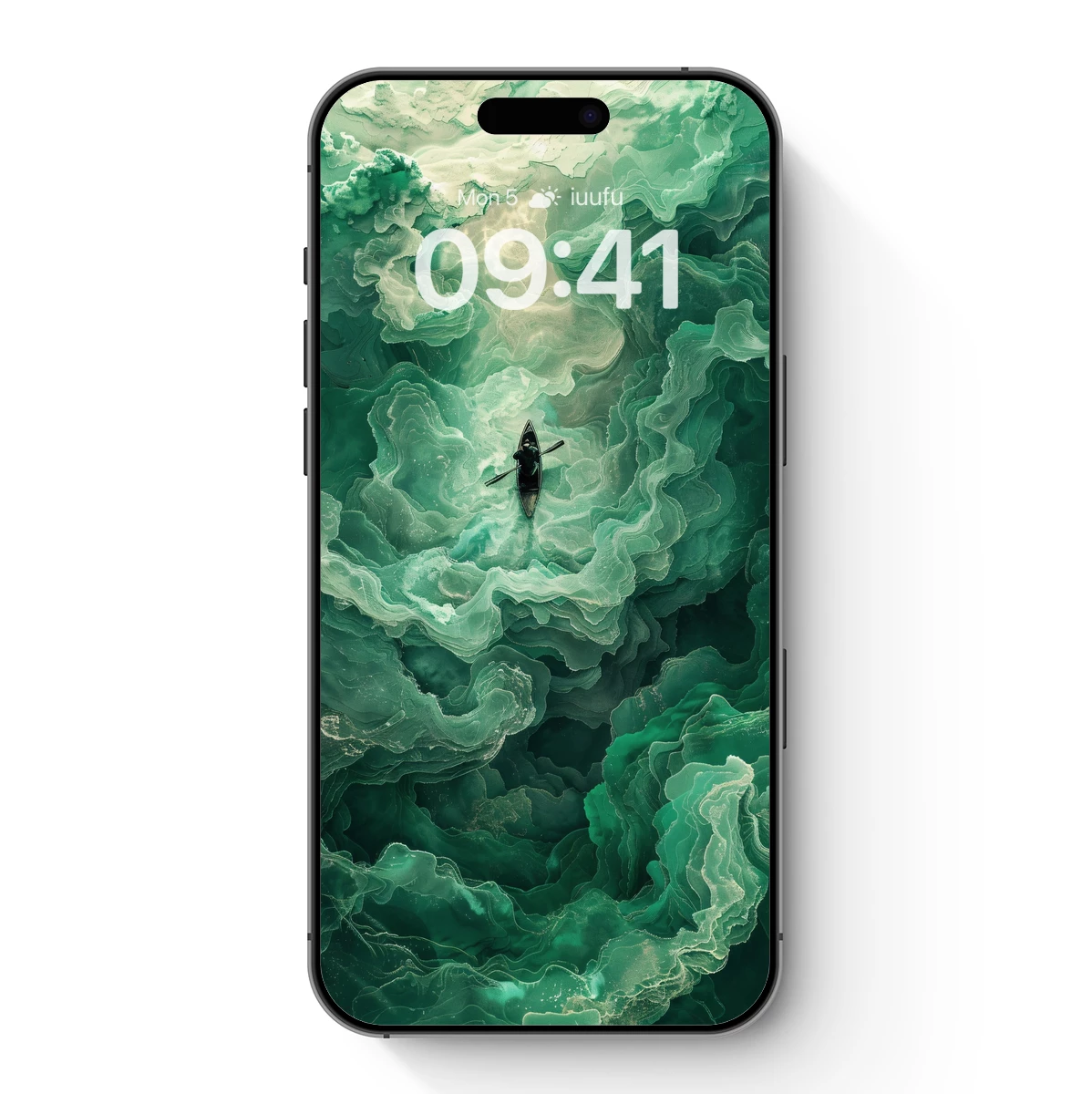 Ethereal Emerald Odyssey: Solitary Rowboat in Clouds