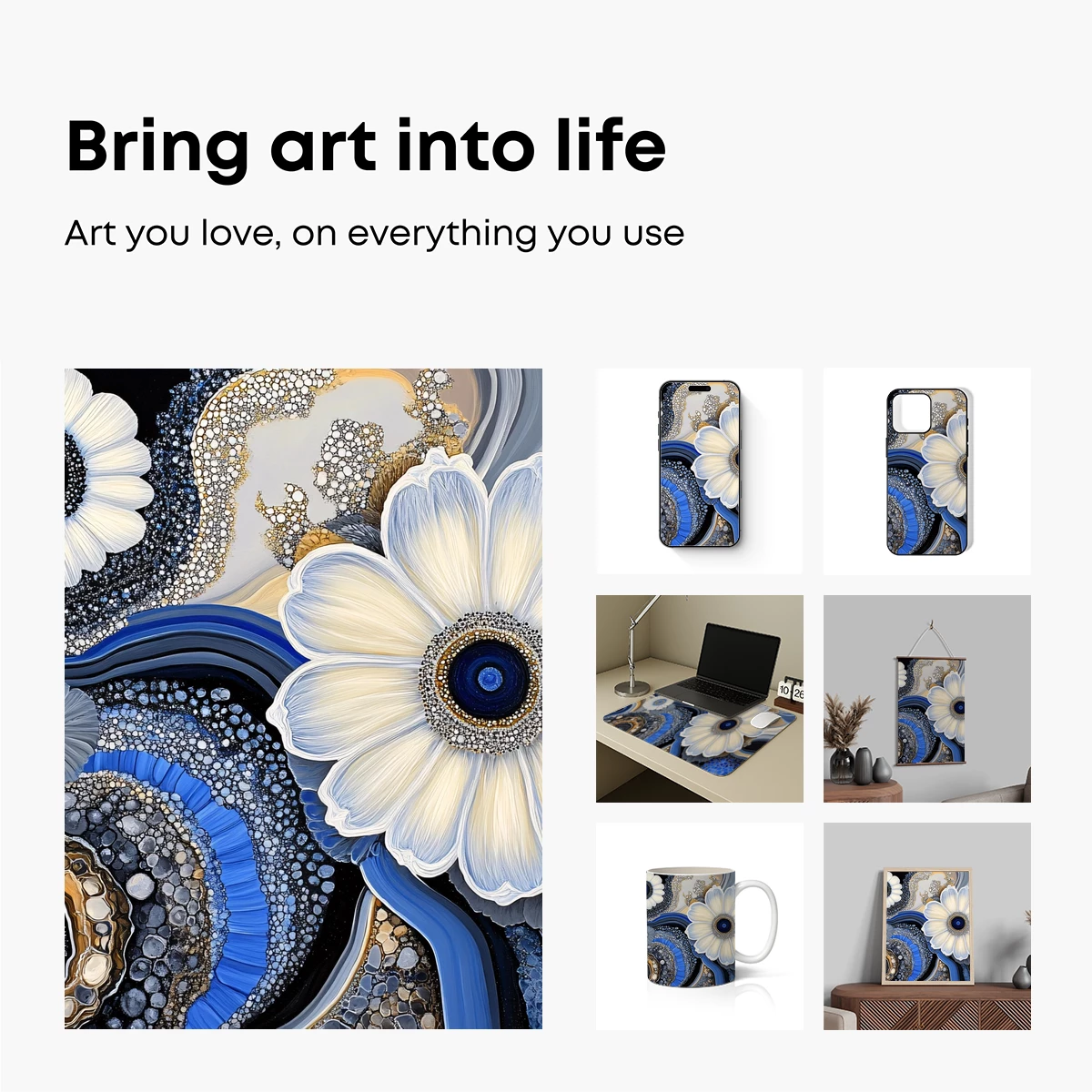 Ethereal Bloom: Blue and Gold Floral Mosaic Art - Image 2