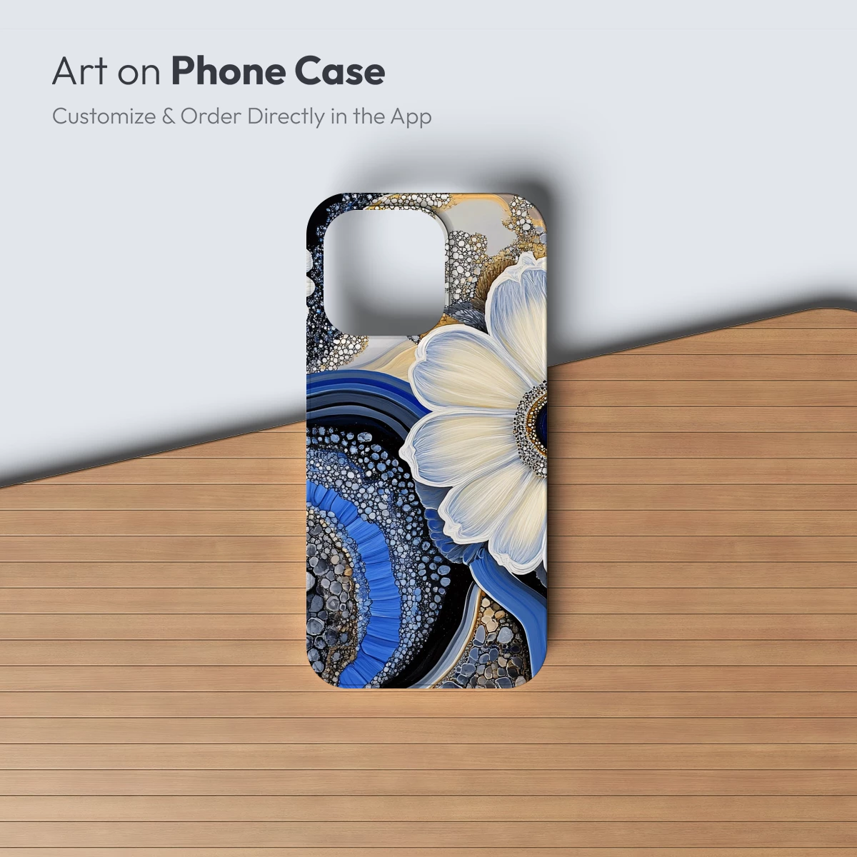 Ethereal Bloom: Blue and Gold Floral Mosaic Art - Image 3