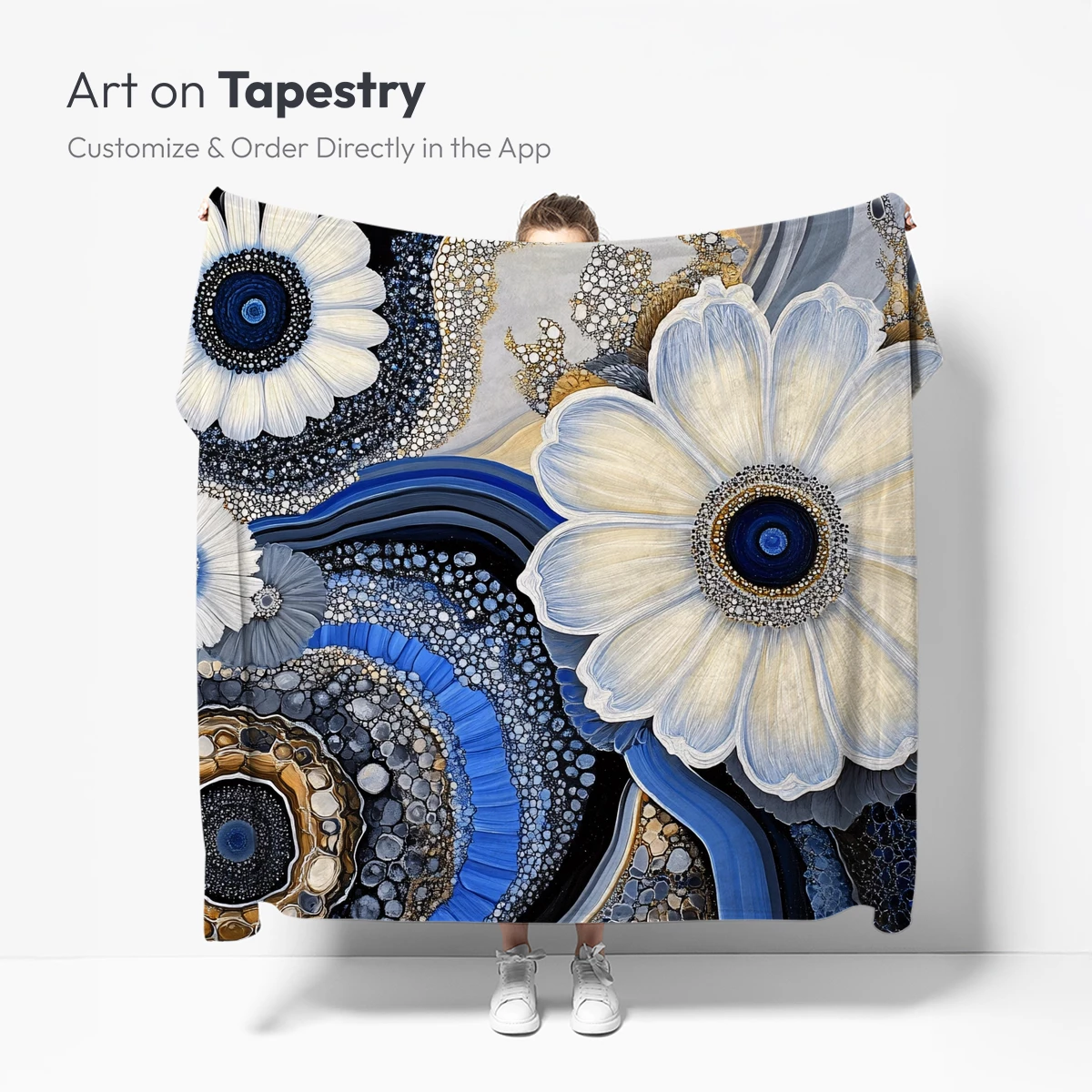 Ethereal Bloom: Blue and Gold Floral Mosaic Art - Image 5