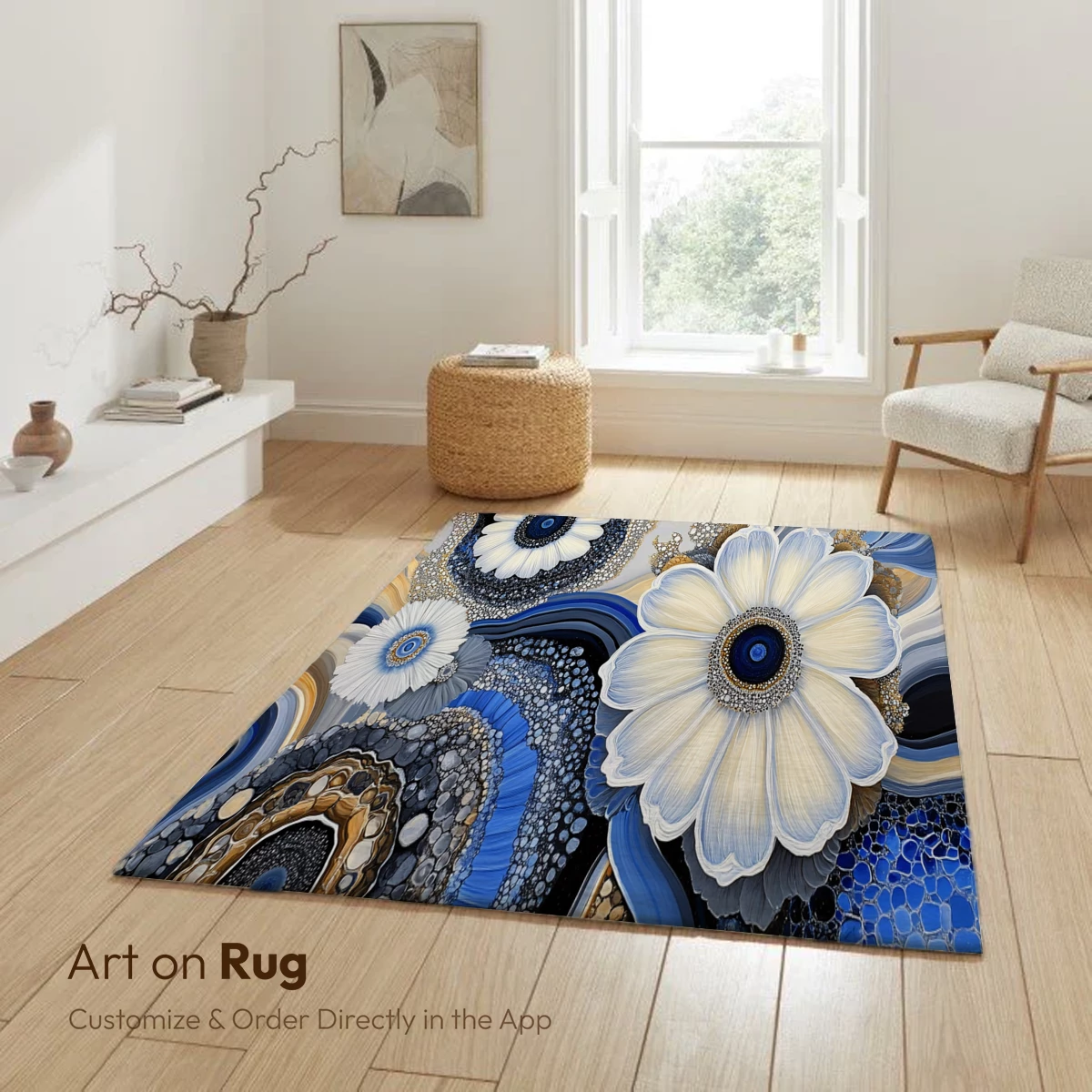 Ethereal Bloom: Blue and Gold Floral Mosaic Art - Image 6