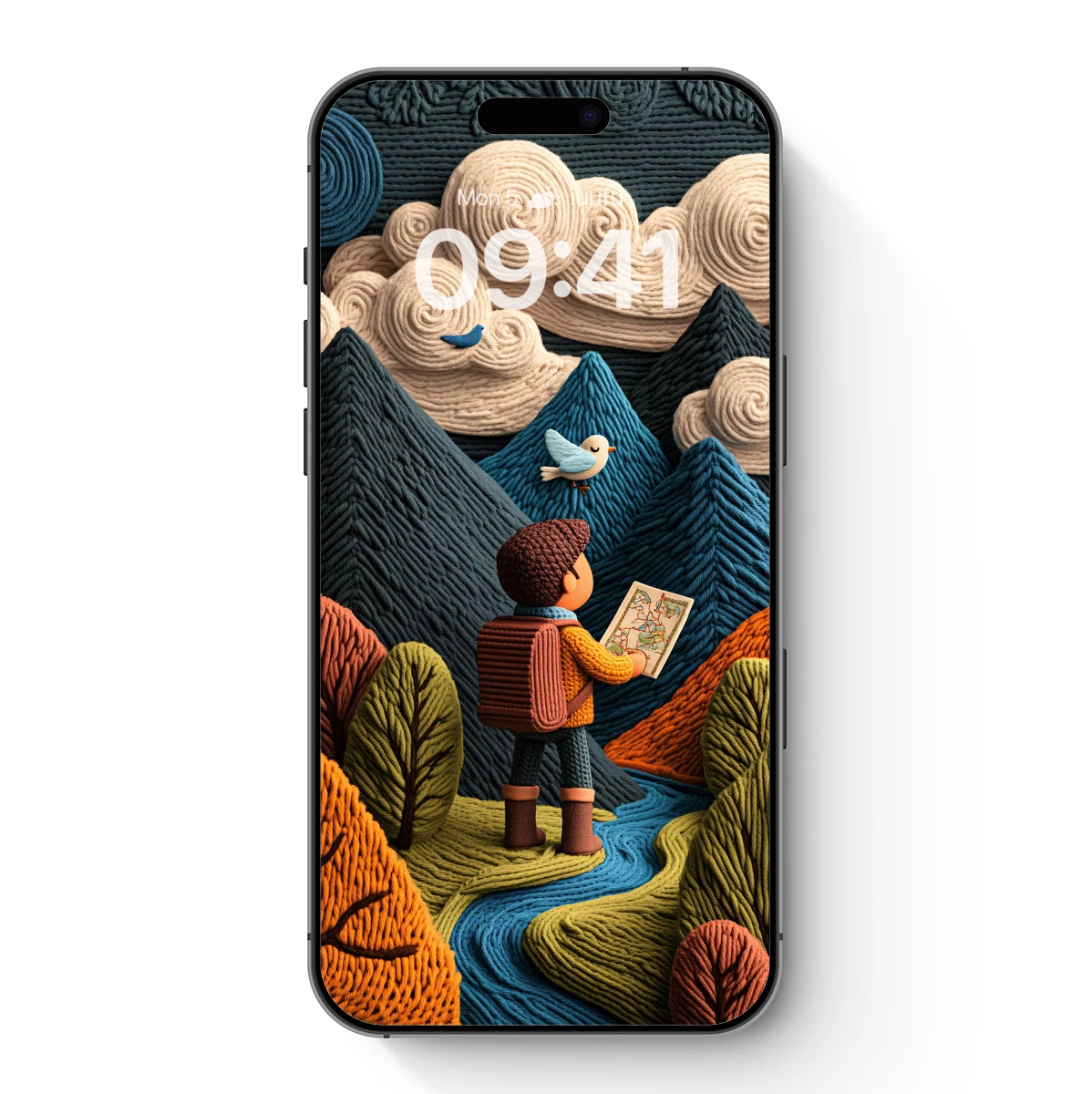 Knitted Explorer in a Whimsical Landscape