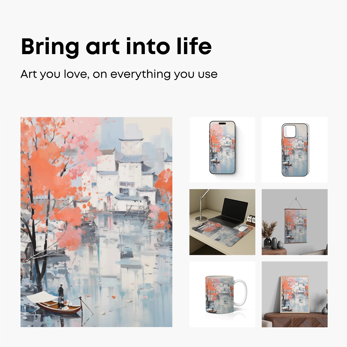 Autumnal Serenity: Rowboat Amidst Cherry Blossoms - Image 2