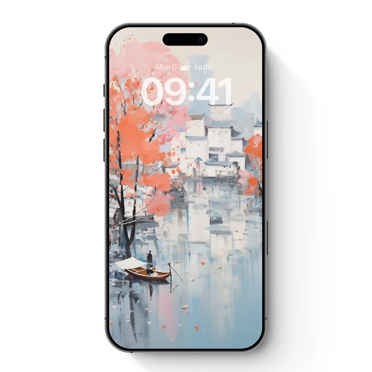 Autumnal Serenity: Rowboat Amidst Cherry Blossoms