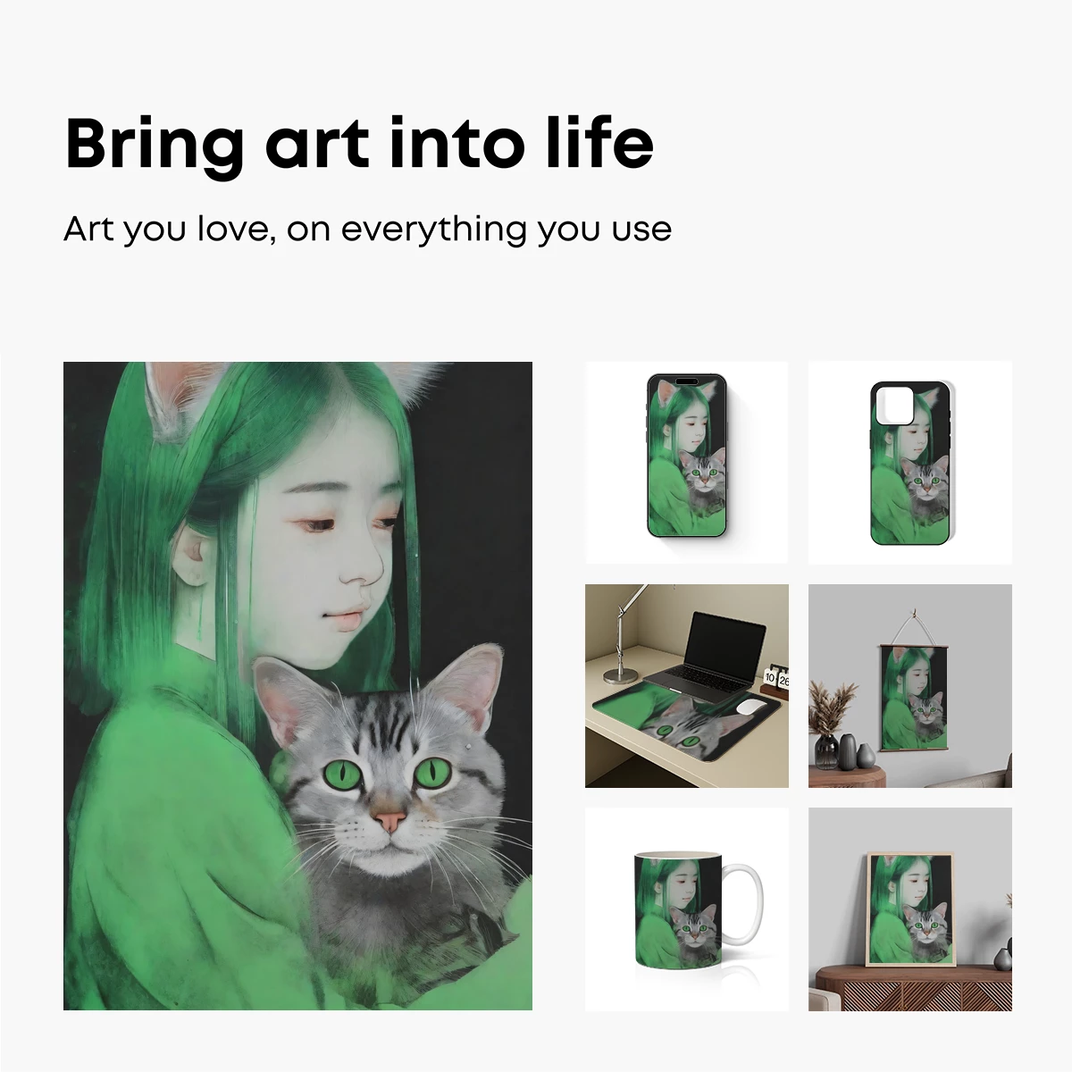 Green-Hued Cat Ears Embrace: A Surreal Duo - Image 2