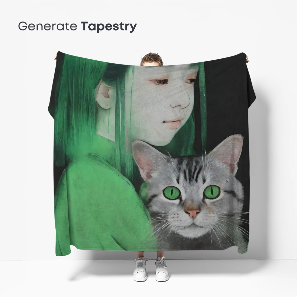Green-Hued Cat Ears Embrace: A Surreal Duo - Image 5