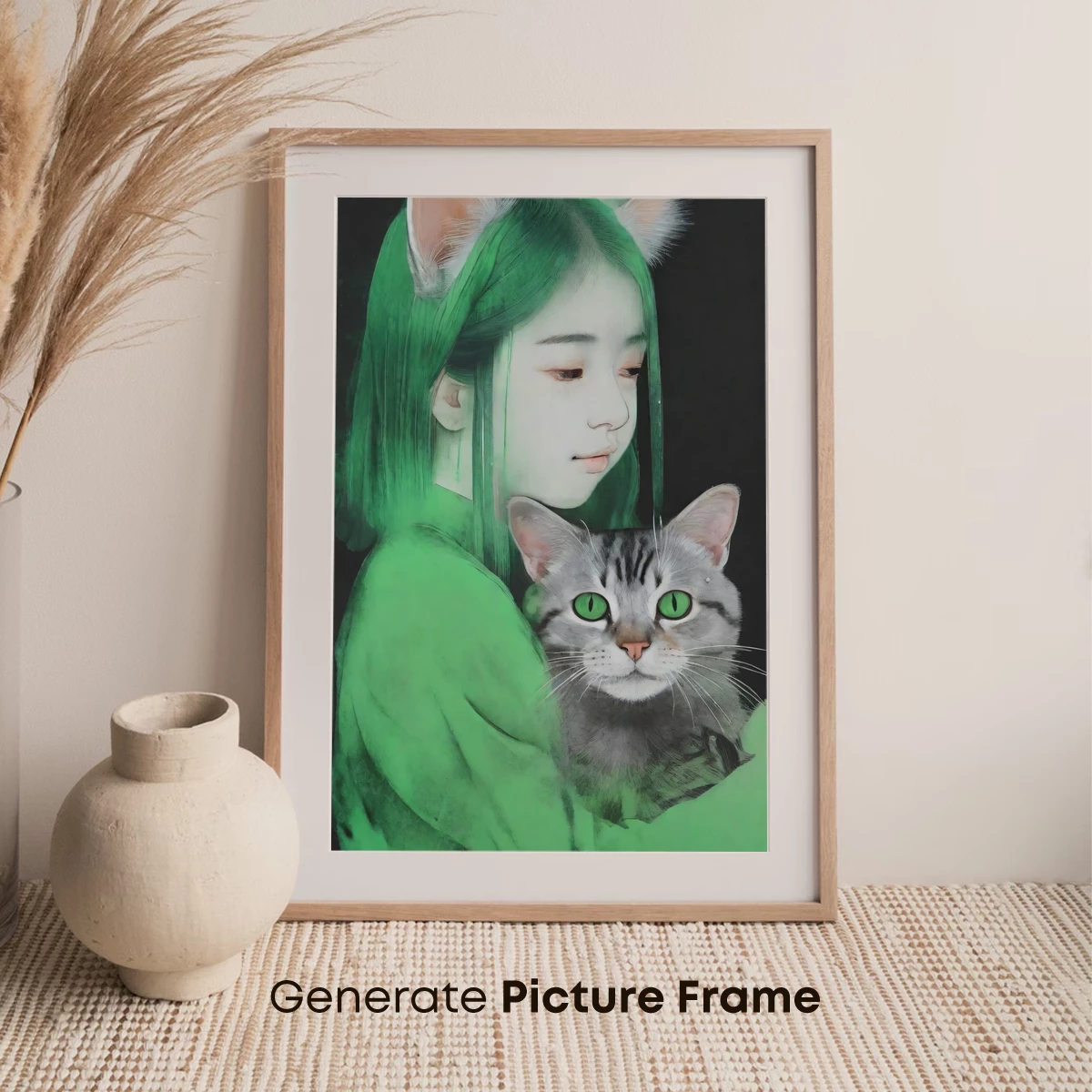 Green-Hued Cat Ears Embrace: A Surreal Duo - Image 7