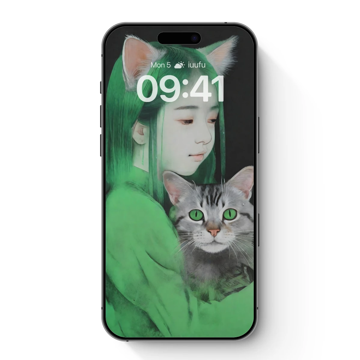 Green-Hued Cat Ears Embrace: A Surreal Duo