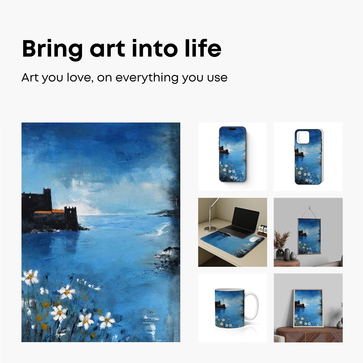 Blue Serenity: Coastal Flowers and Castle - Image 2