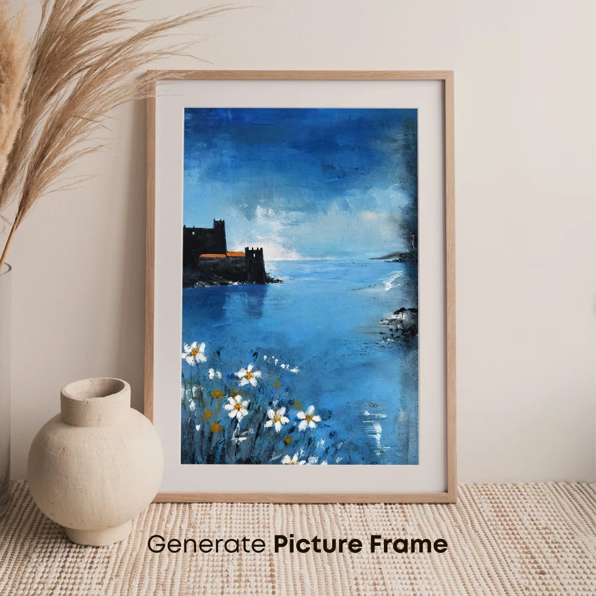 Blue Serenity: Coastal Flowers and Castle - Image 7