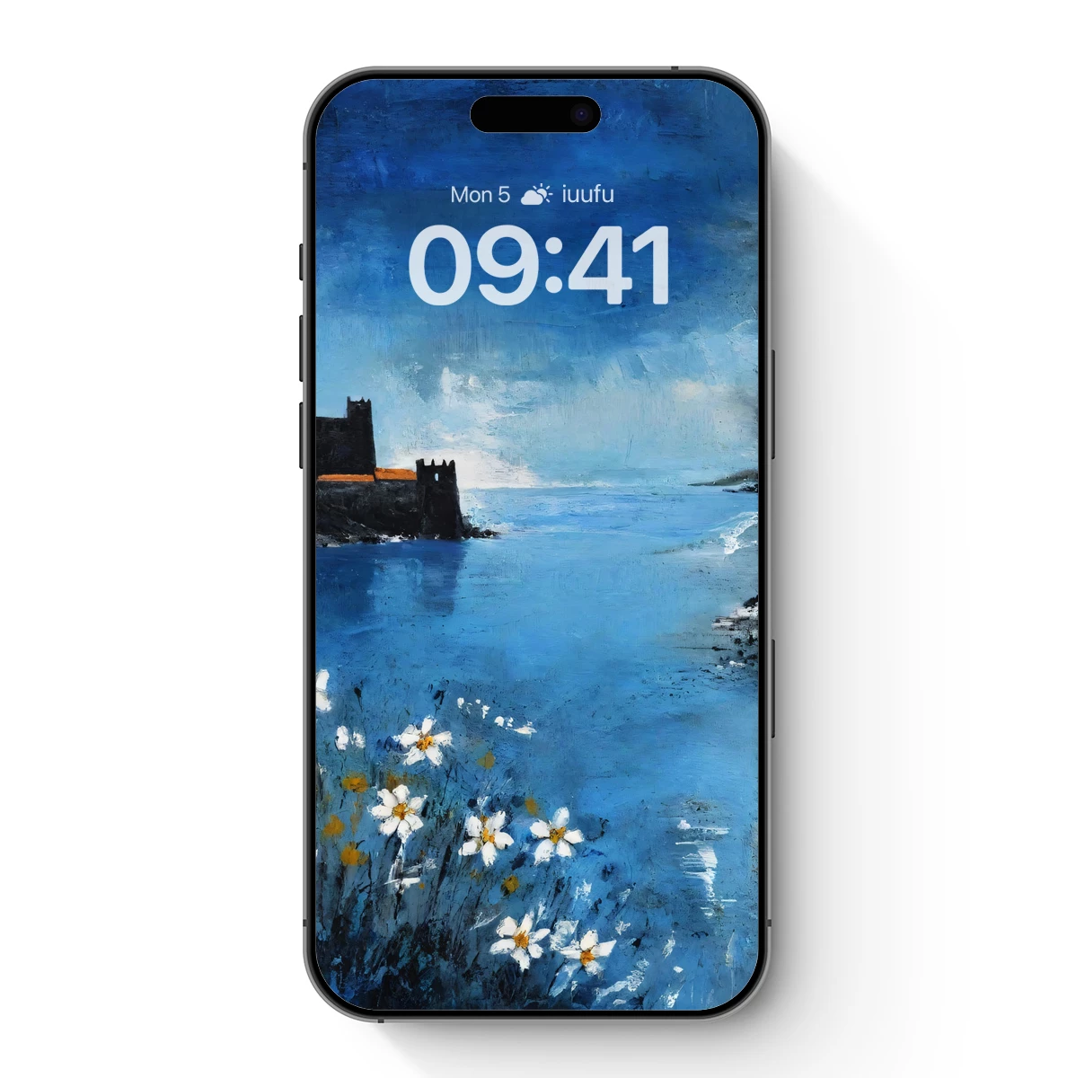 Blue Serenity: Coastal Flowers and Castle