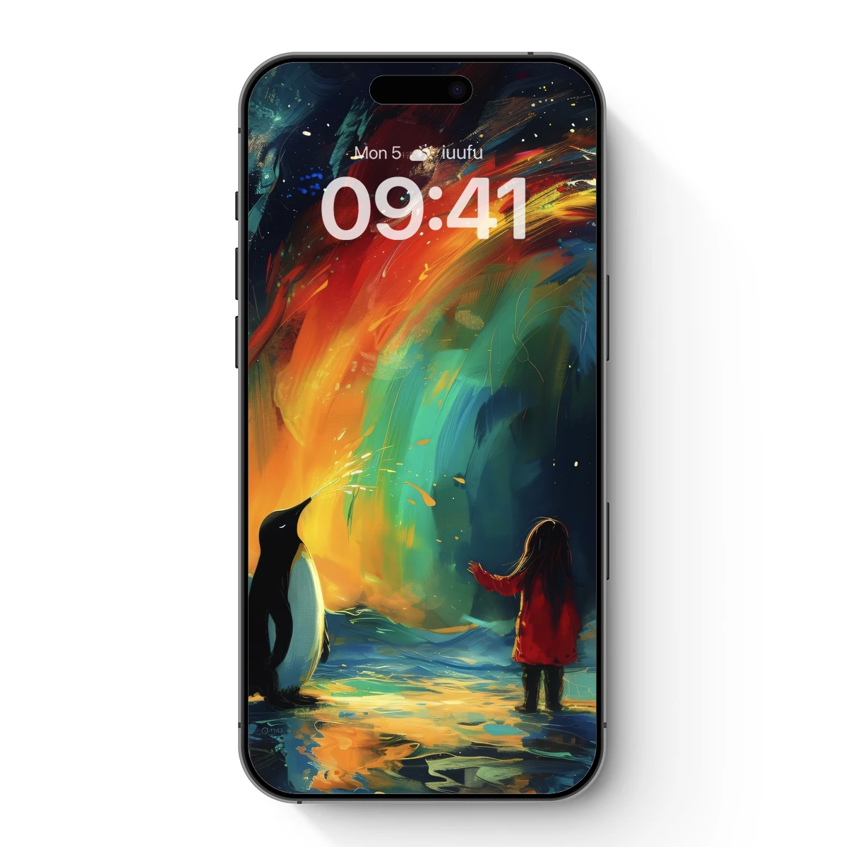 Enchanted Aurora: Child and Penguin in a Vivid Dreamscape