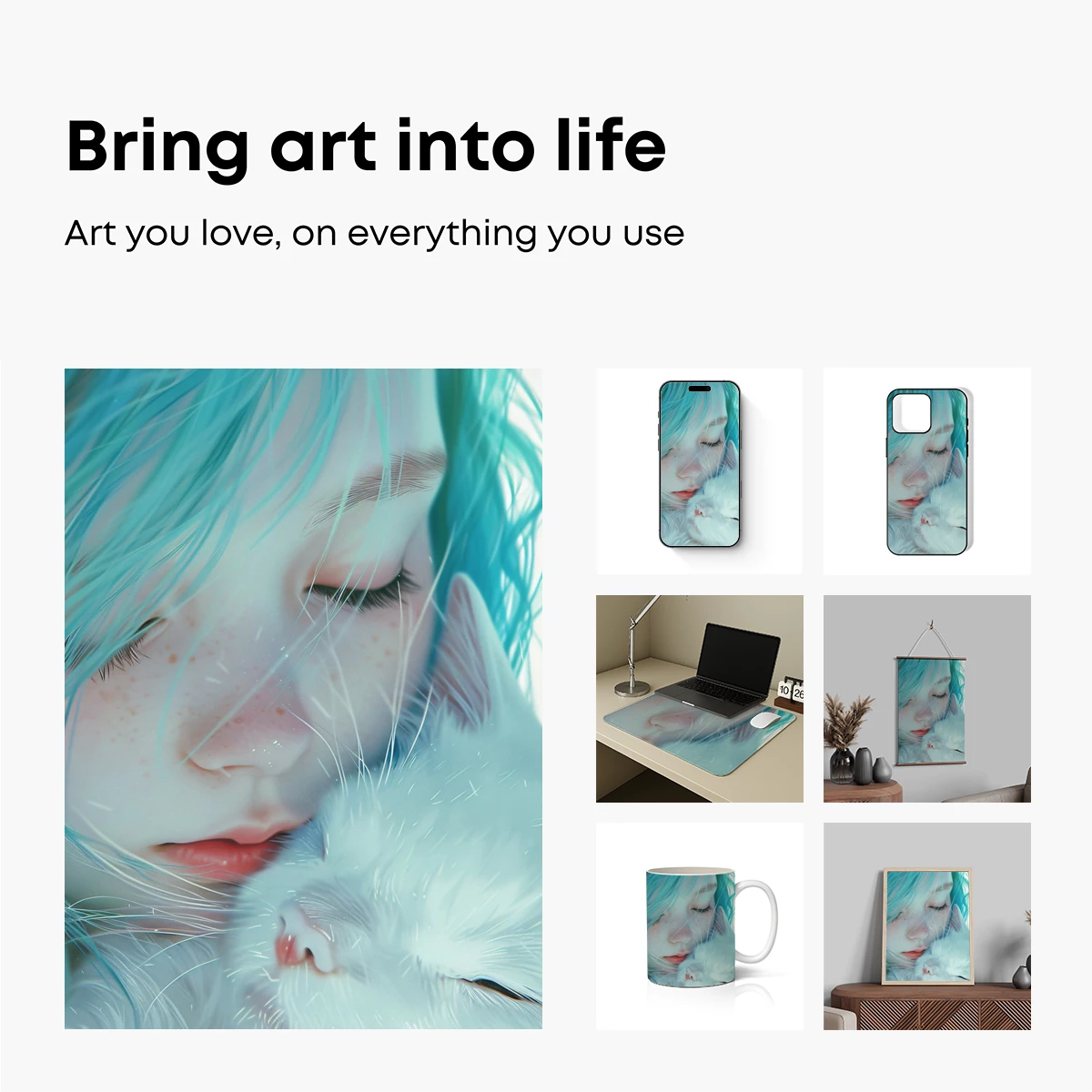Ethereal Embrace: Blue-Haired Muse and Fluffy Companion - Image 2