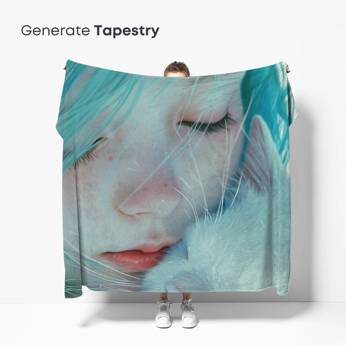 Ethereal Embrace: Blue-Haired Muse and Fluffy Companion - Image 5