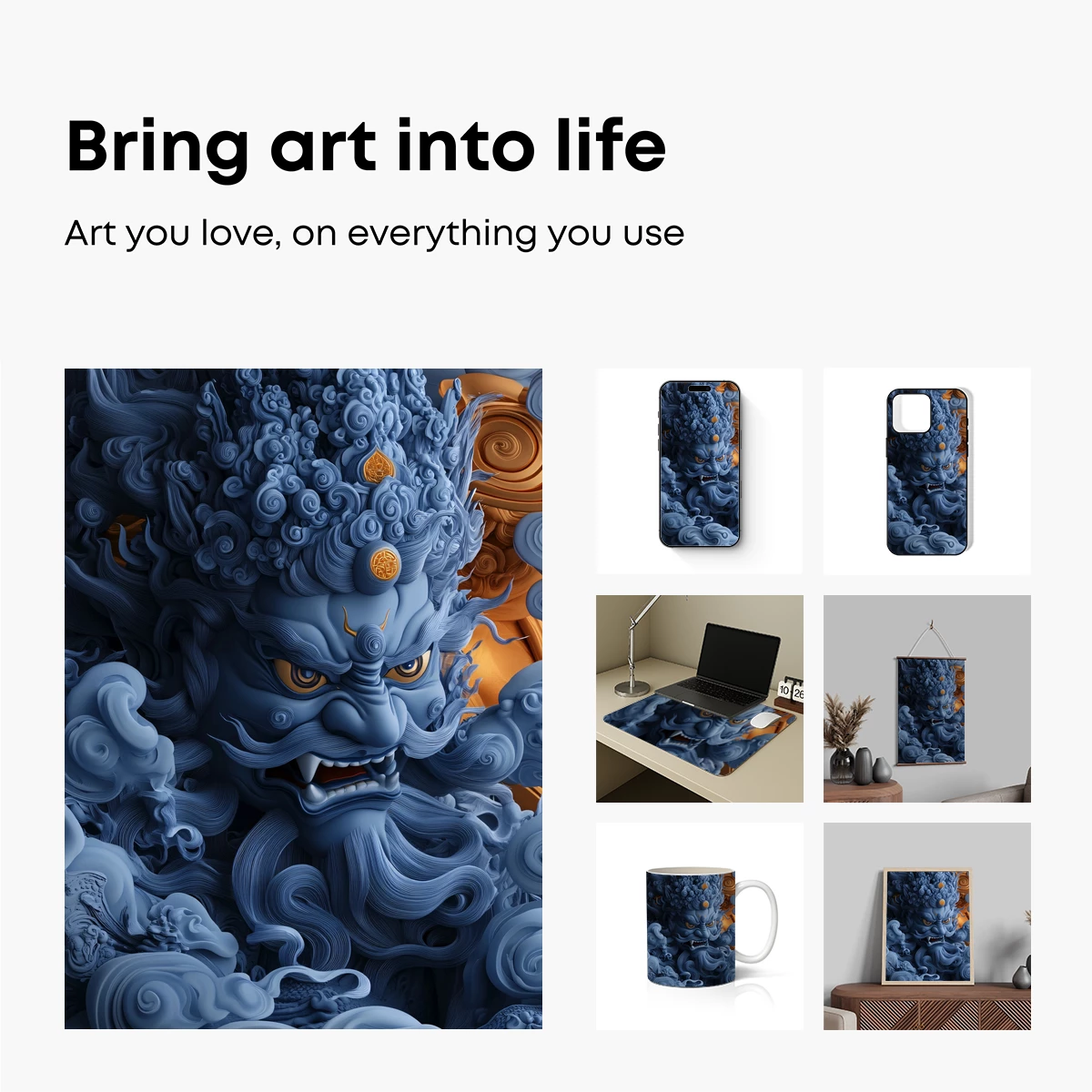 Mythical Blue Guardian: Swirling Clouds and Golden Accents - Image 2