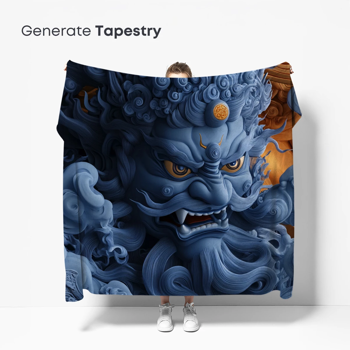 Mythical Blue Guardian: Swirling Clouds and Golden Accents - Image 5