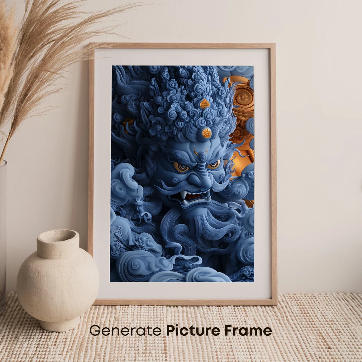 Mythical Blue Guardian: Swirling Clouds and Golden Accents - Image 7