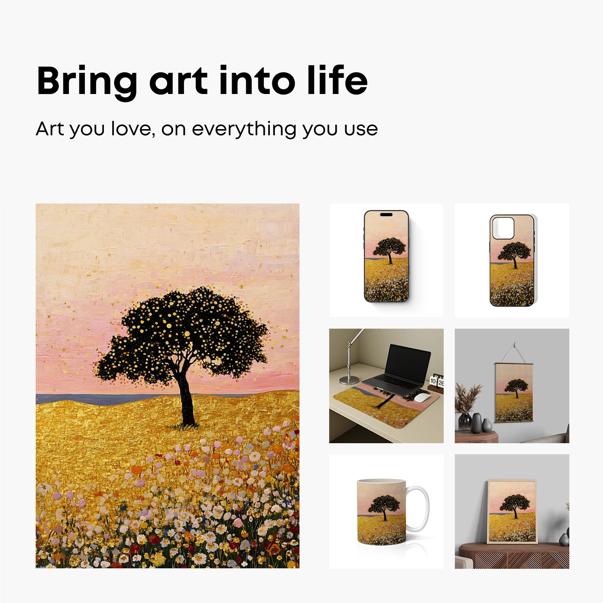 Golden Sunset Tree in Floral Bliss