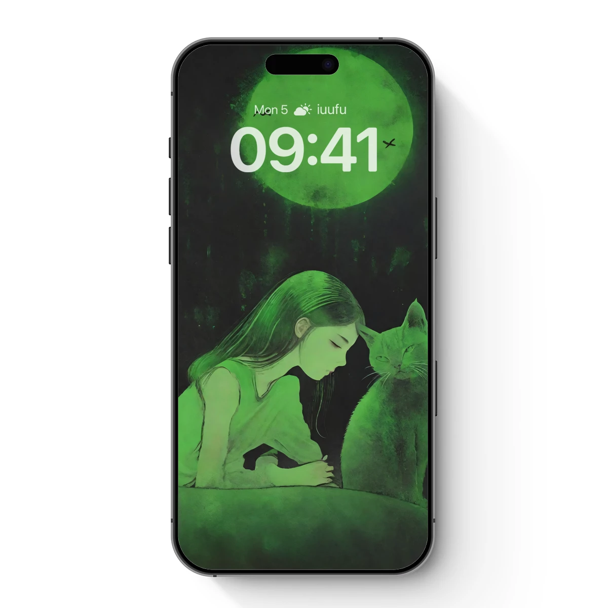 Green Moon Embrace: Girl and Cat in Midnight Harmony