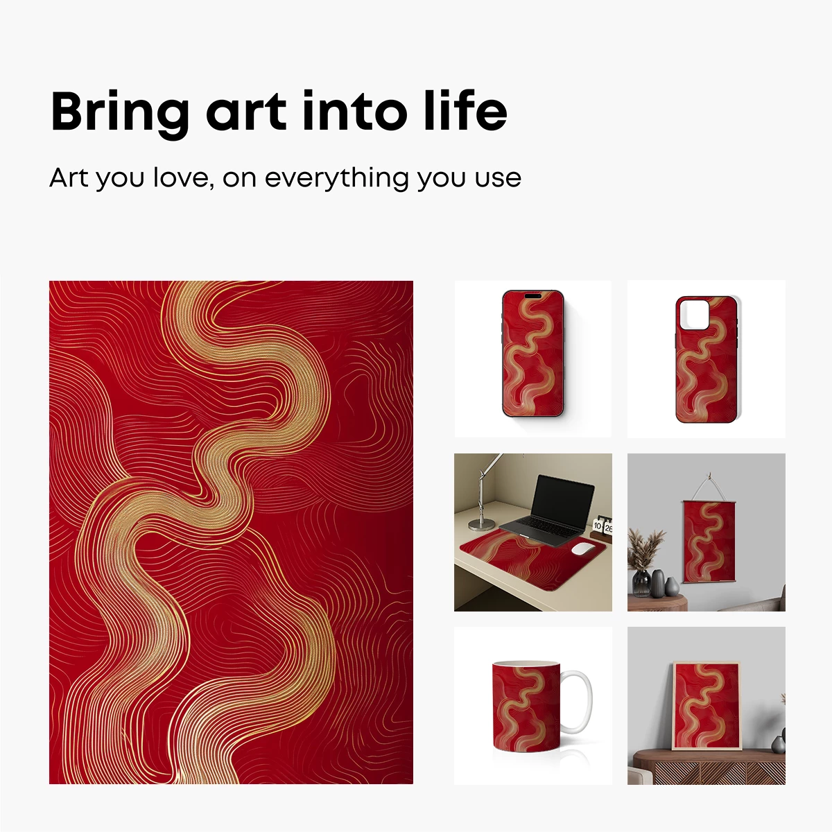 Golden Waves on Crimson: Abstract Elegance