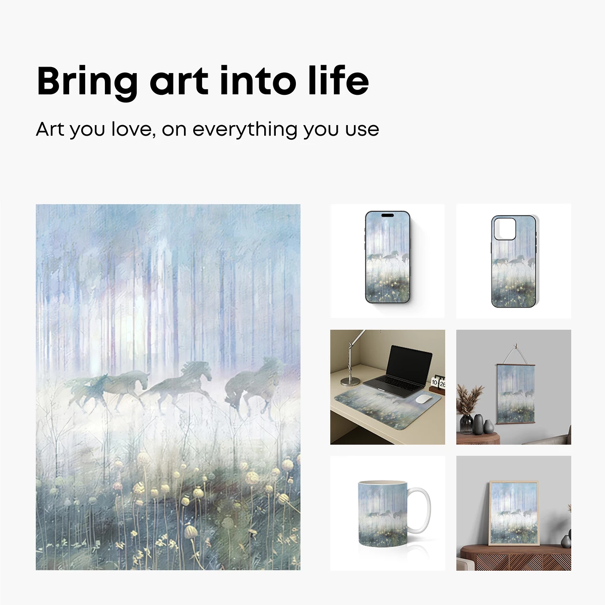 Misty Forest Gallop: Ethereal Horses in a Dreamlike Landscape - Image 2