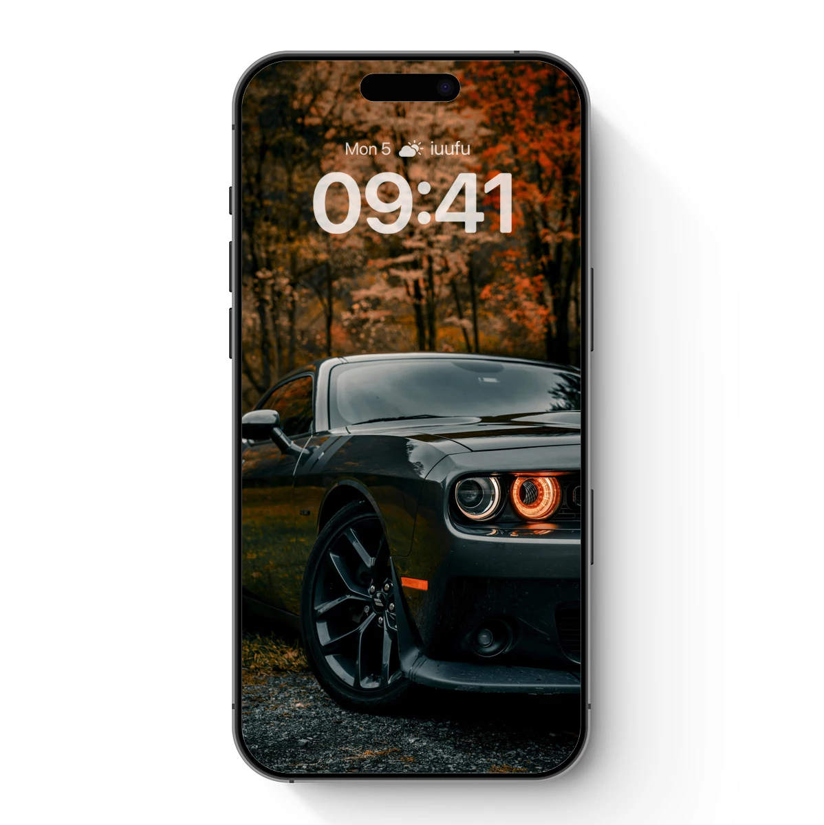 Autumn's Embrace: Black Muscle Car in Fall Forest