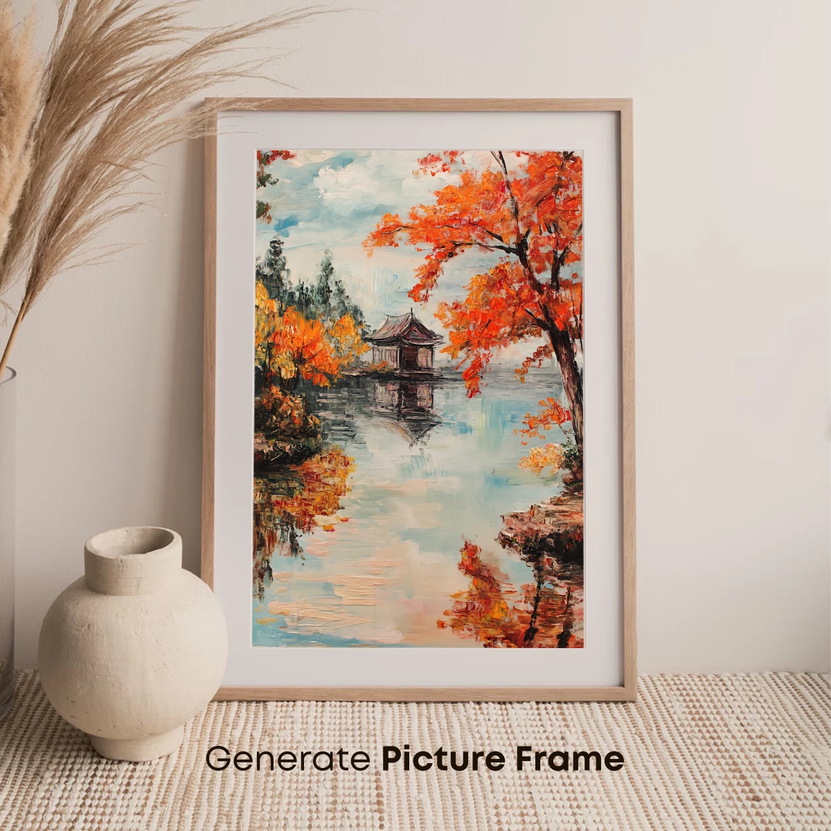 Autumn Reflections: Serene Lake Pavilion - Image 7