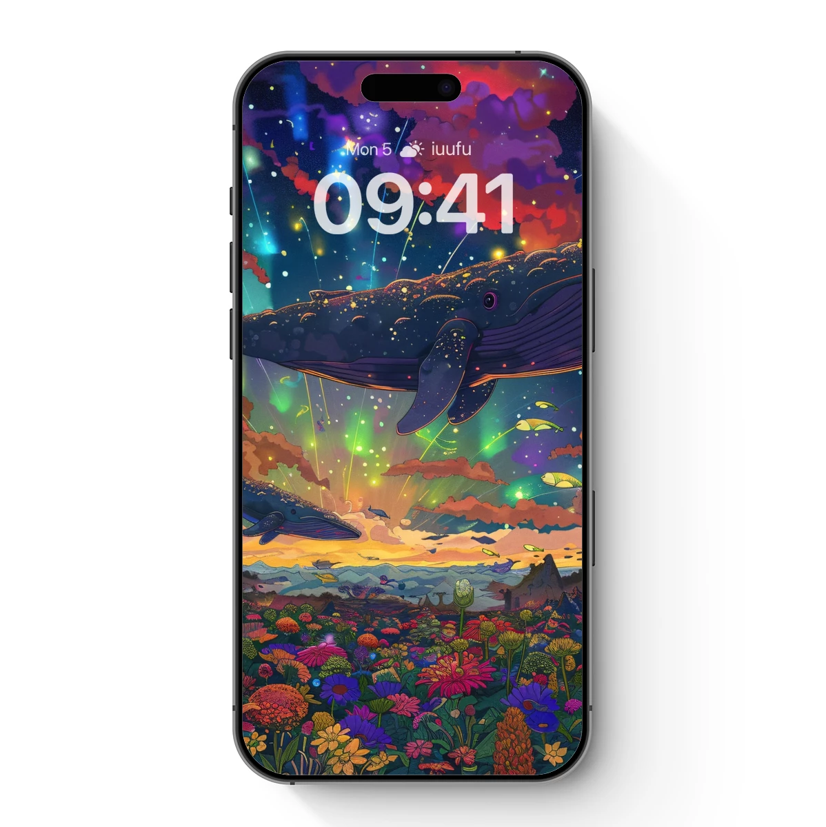 Cosmic Whales in a Floral Dreamland