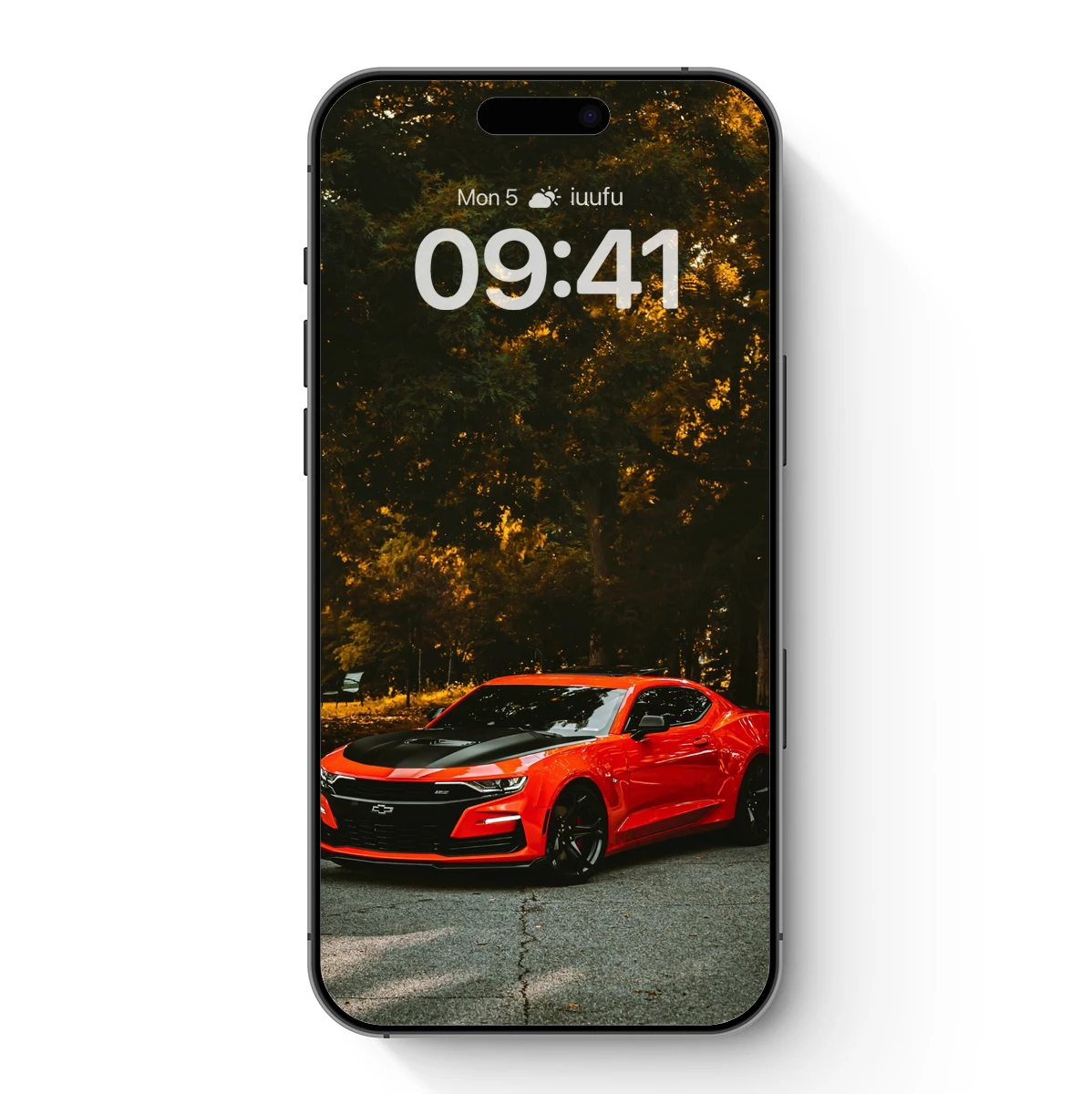 Fiery Red Muscle Car Under Golden Trees