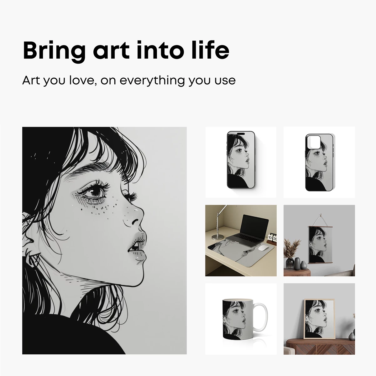 Monochrome Profile Elegance: Whimsical Line Art Portrait - Image 2