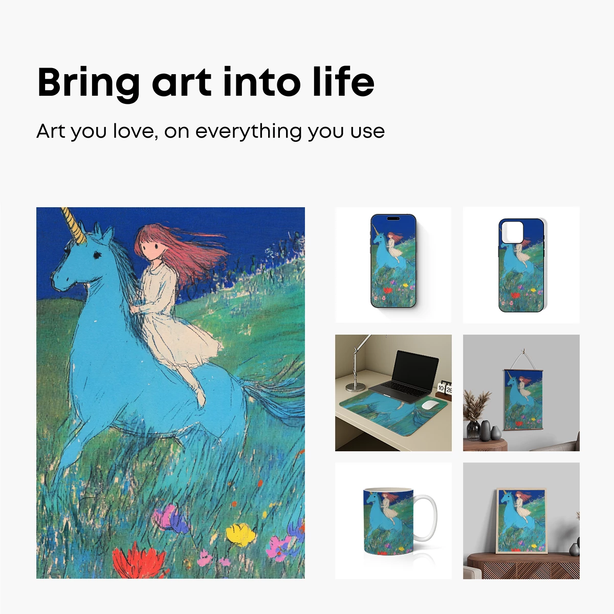 Enchanted Ride: Girl and Unicorn in a Floral Dreamland - Image 2