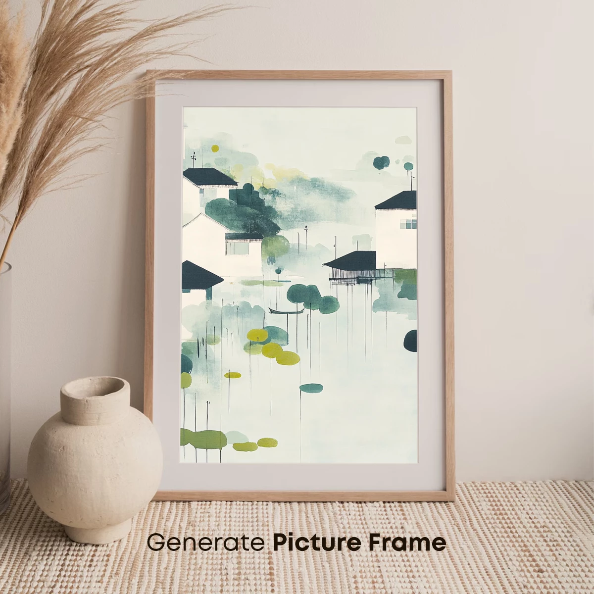 Flooded Village Serenity: Abstract Watercolor Harmony - Image 7