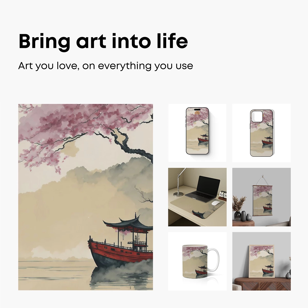 Cherry Blossom Serenity: Traditional Boat at Sunset - Image 2